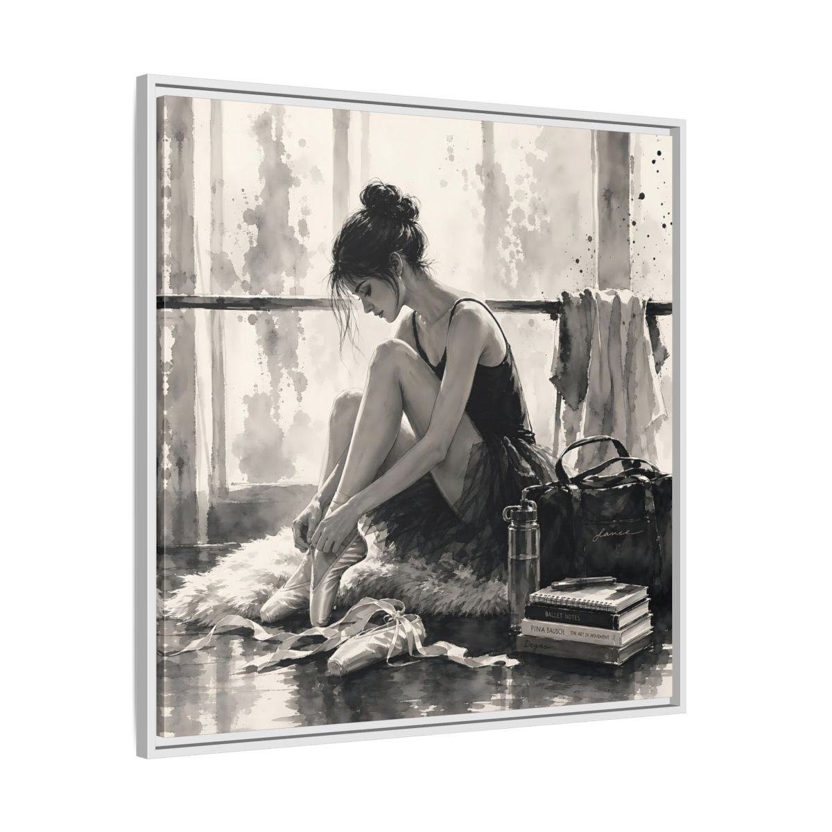 Side Mockup 25. Sports Ballerina Monochrome Ballerina shown as framed canvas print