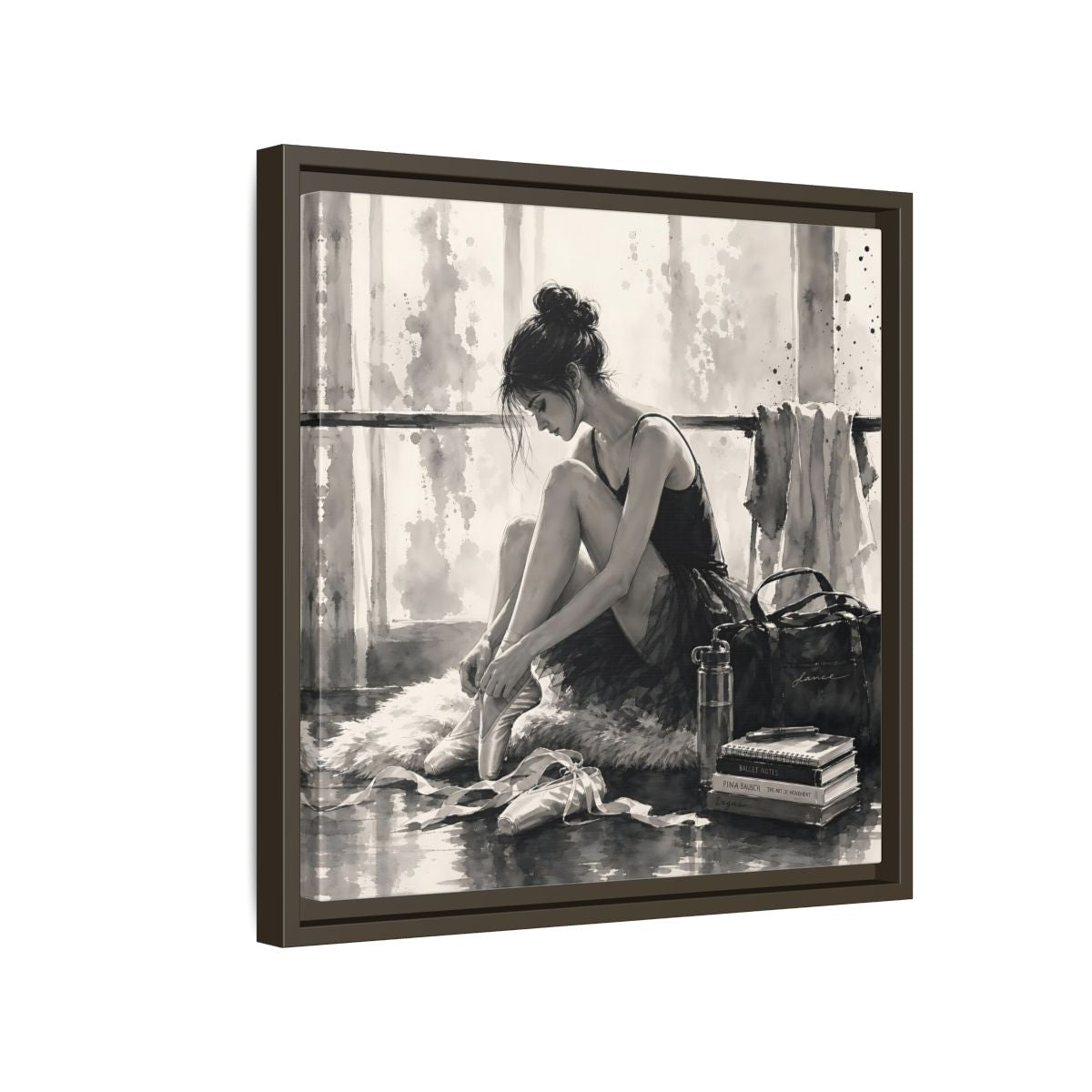 Side Mockup 14. Sports Ballerina Monochrome Ballerina shown as framed canvas print