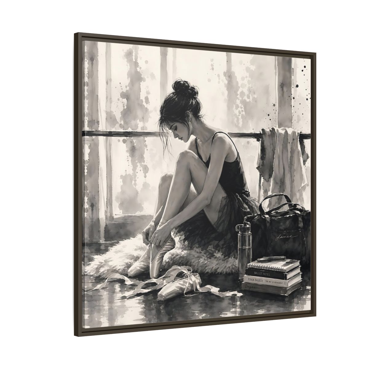 Side Mockup 5. Sports Ballerina Monochrome Ballerina shown as framed canvas print