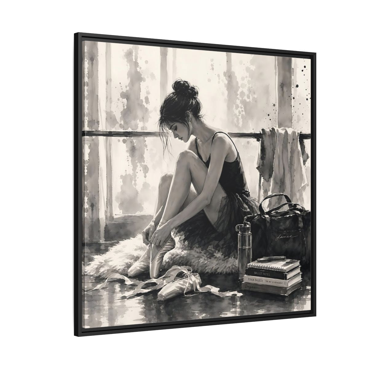 Side Mockup 6. Sports Ballerina Monochrome Ballerina shown as framed canvas print