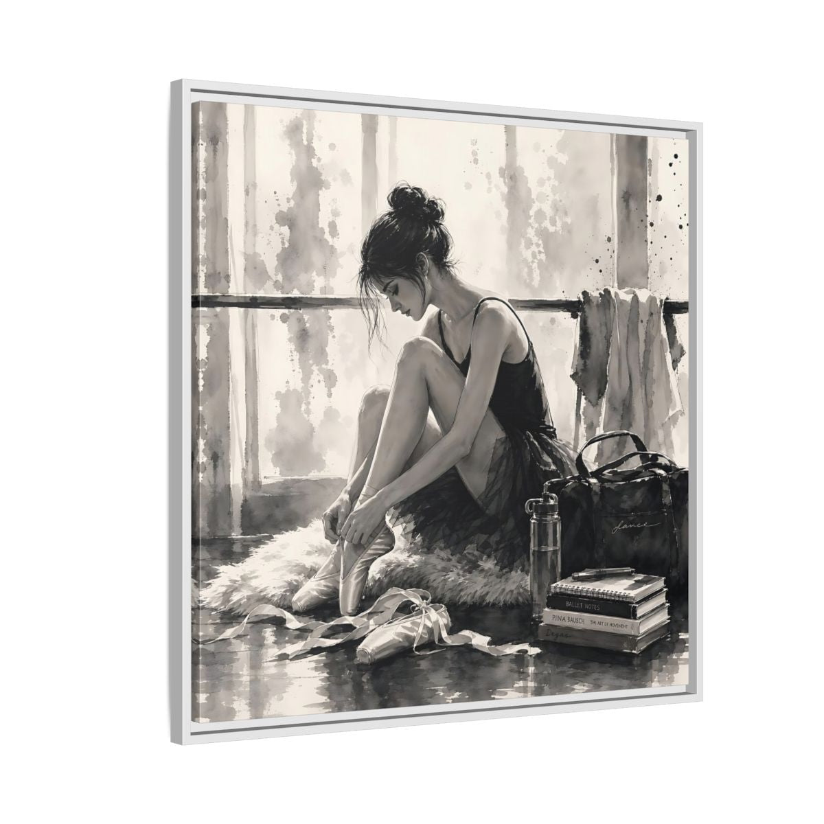 Side Mockup 7. Sports Ballerina Monochrome Ballerina shown as framed canvas print