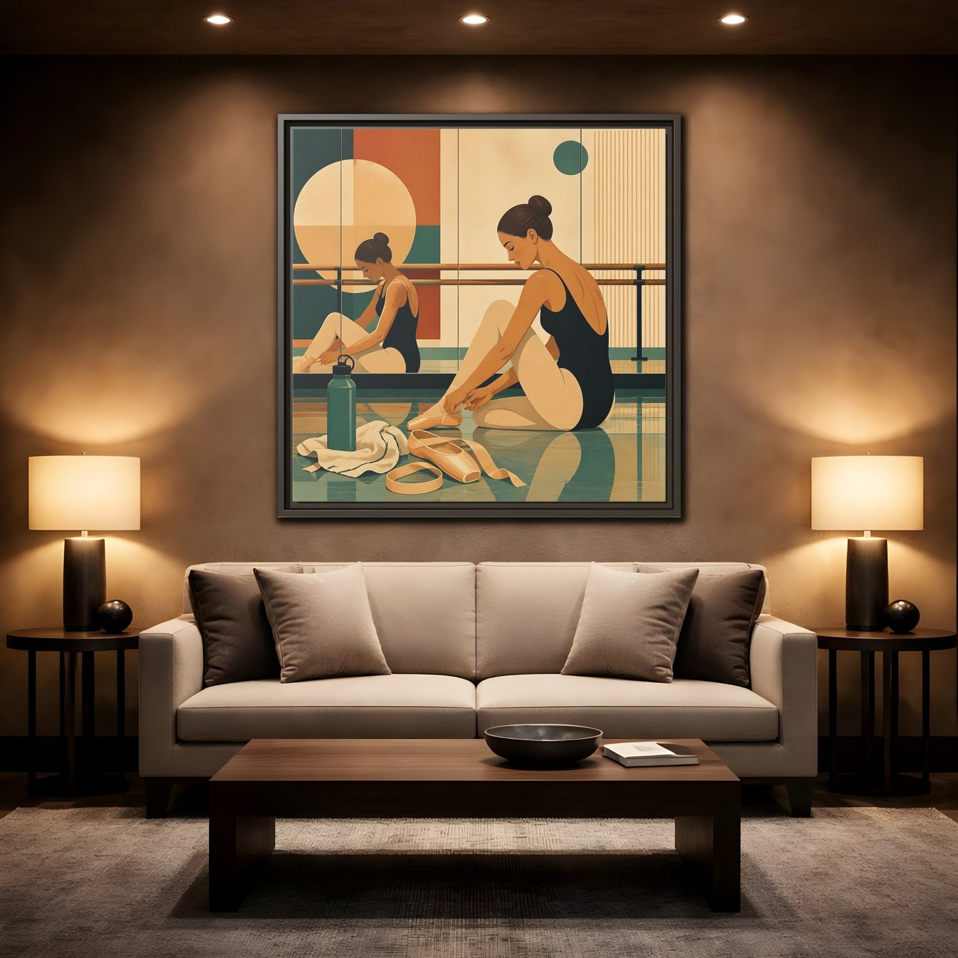 Mockup 2. Sports Ballerina Orange Teal Ballerina shown as framed canvas print