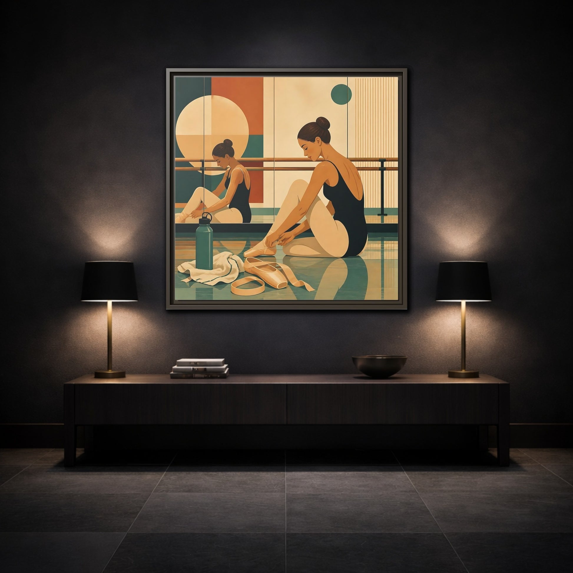 Mockup 3. Sports Ballerina Orange Teal Ballerina shown as framed canvas print