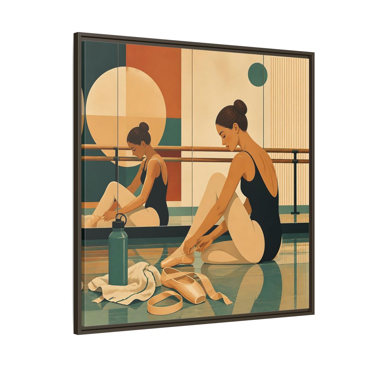 Side Mockup 5. Sports Ballerina Orange Teal Ballerina shown as framed canvas print