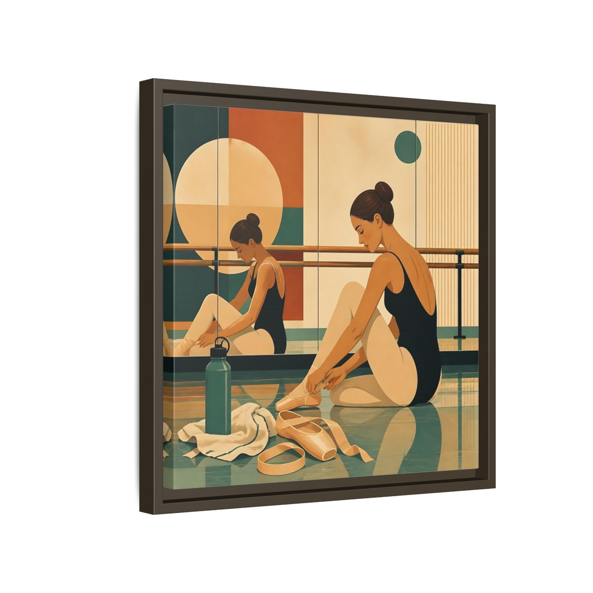 Side Mockup 14. Sports Ballerina Orange Teal Ballerina shown as framed canvas print