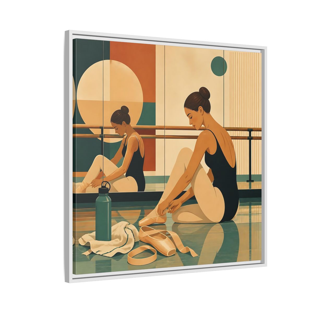 Side Mockup 7. Sports Ballerina Orange Teal Ballerina shown as framed canvas print