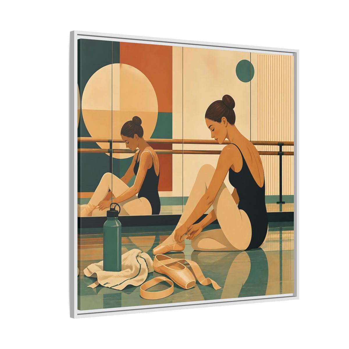Side Mockup 4. Sports Ballerina Orange Teal Ballerina shown as framed canvas print