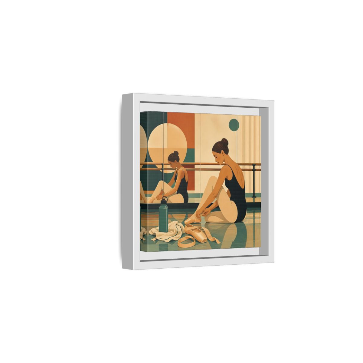 Side Mockup 1. Sports Ballerina Orange Teal Ballerina shown as framed canvas print