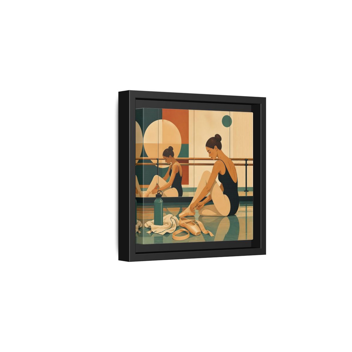 Side Mockup 3. Sports Ballerina Orange Teal Ballerina shown as framed canvas print