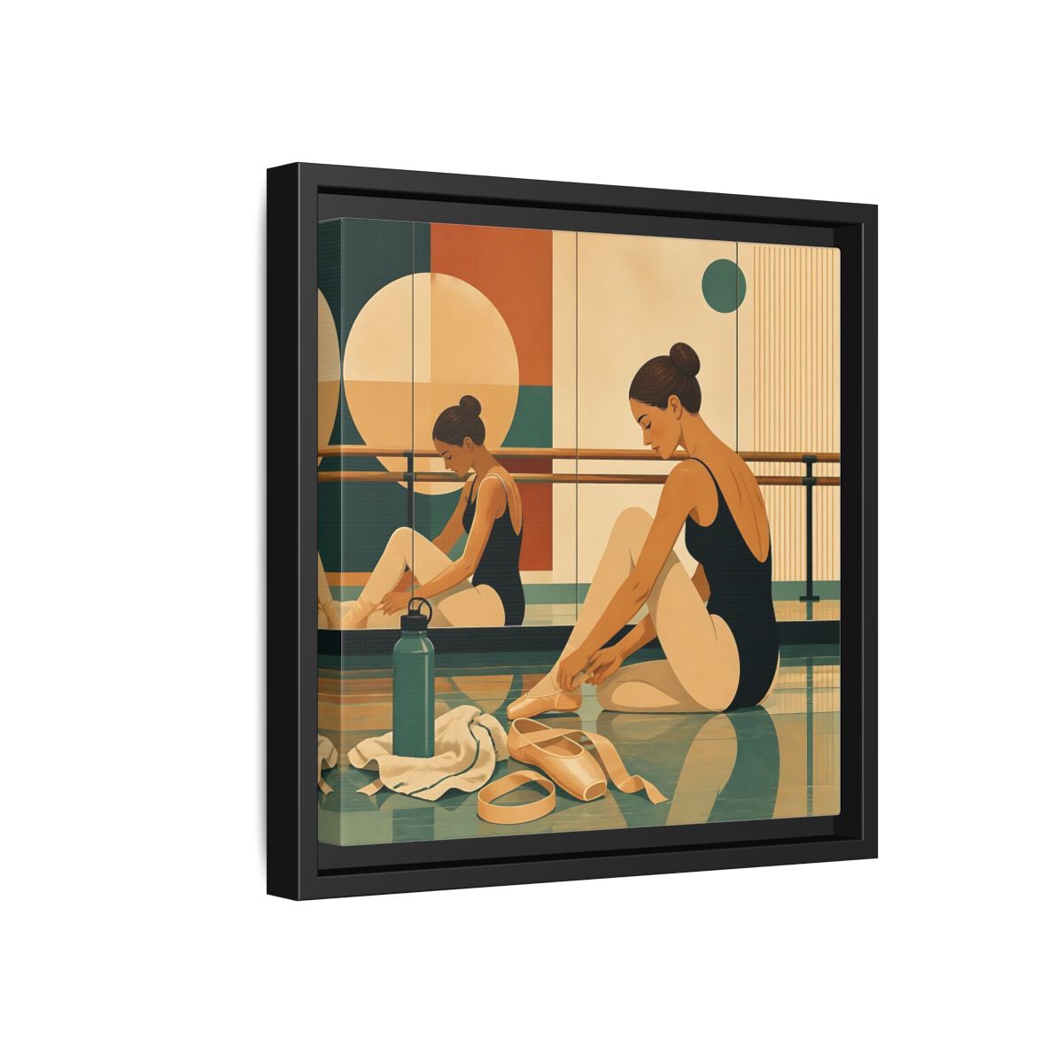 Side Mockup 18. Sports Ballerina Orange Teal Ballerina shown as framed canvas print
