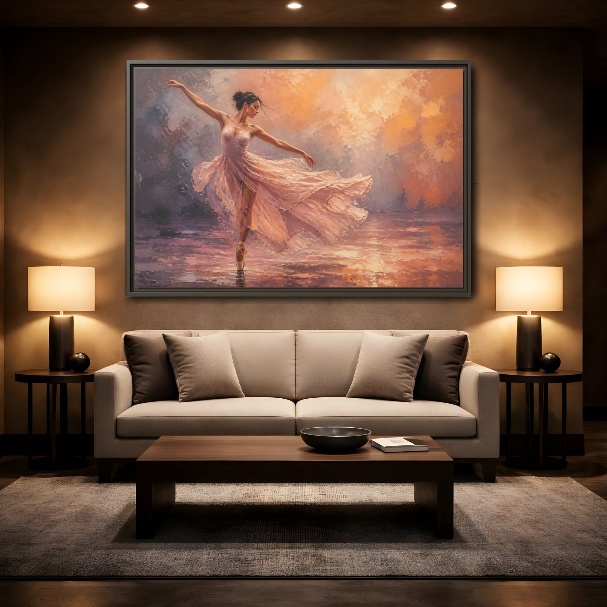 Mockup 2. Sports Ballerina Pink Orange Ballerina shown as framed canvas print