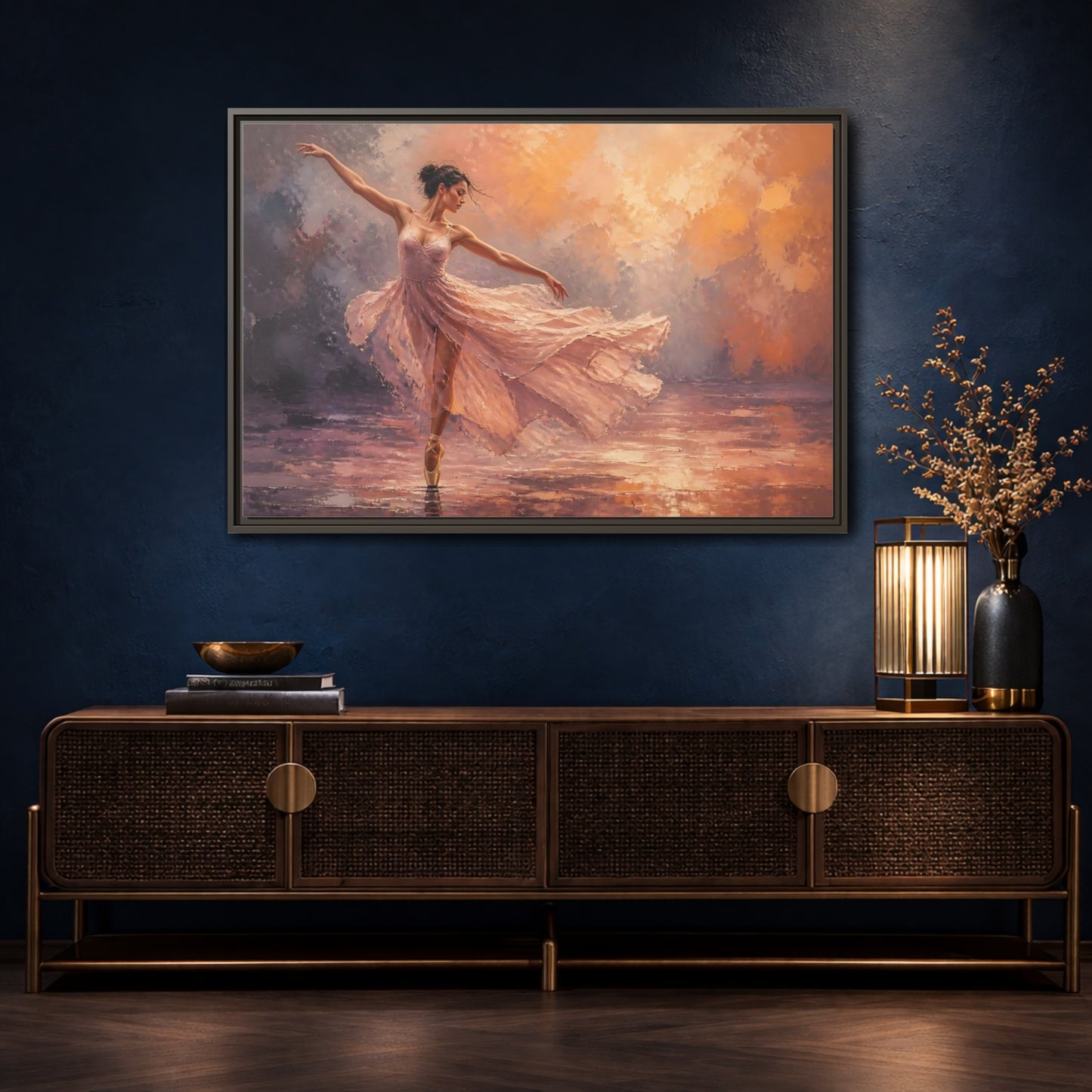 Mockup 4. Sports Ballerina Pink Orange Ballerina shown as framed canvas print