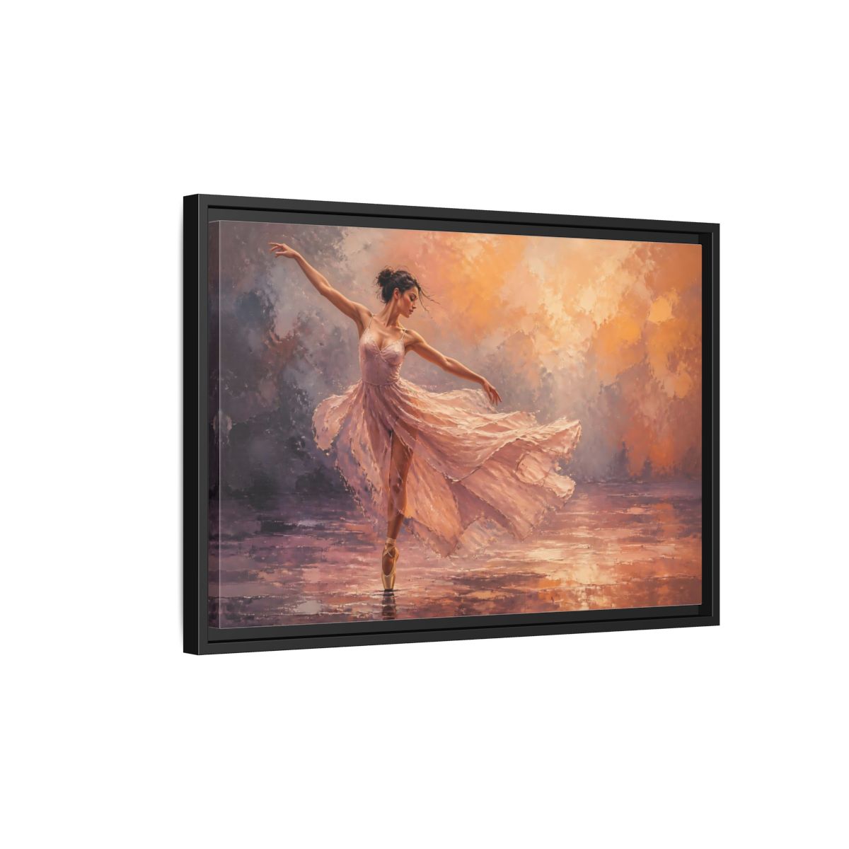 Side Mockup 3. Sports Ballerina Pink Orange Ballerina shown as framed canvas print