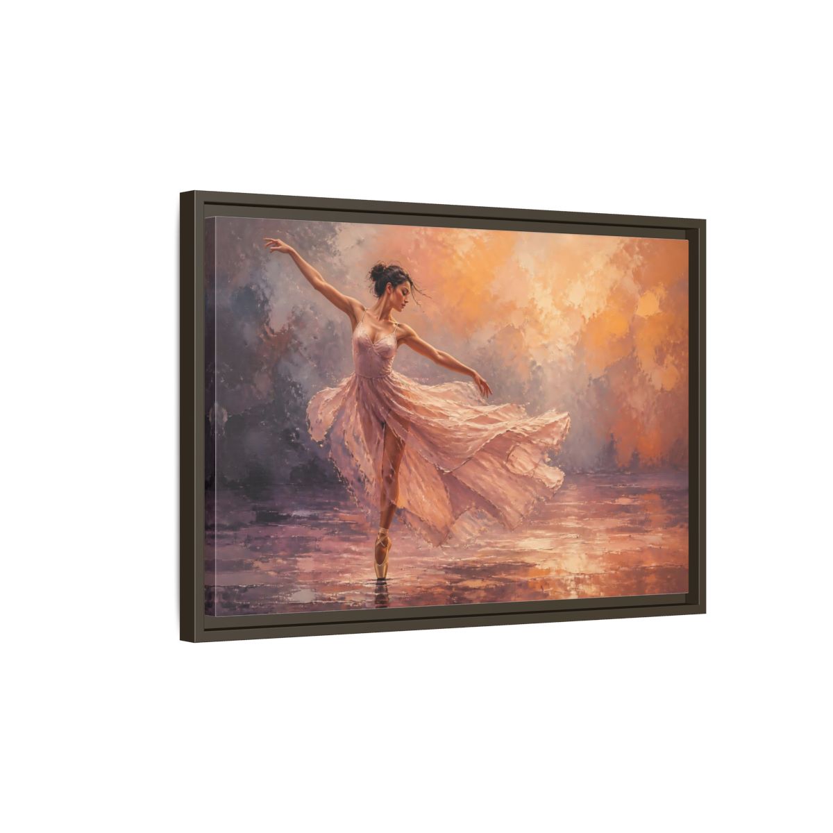 Side Mockup 2. Sports Ballerina Pink Orange Ballerina shown as framed canvas print