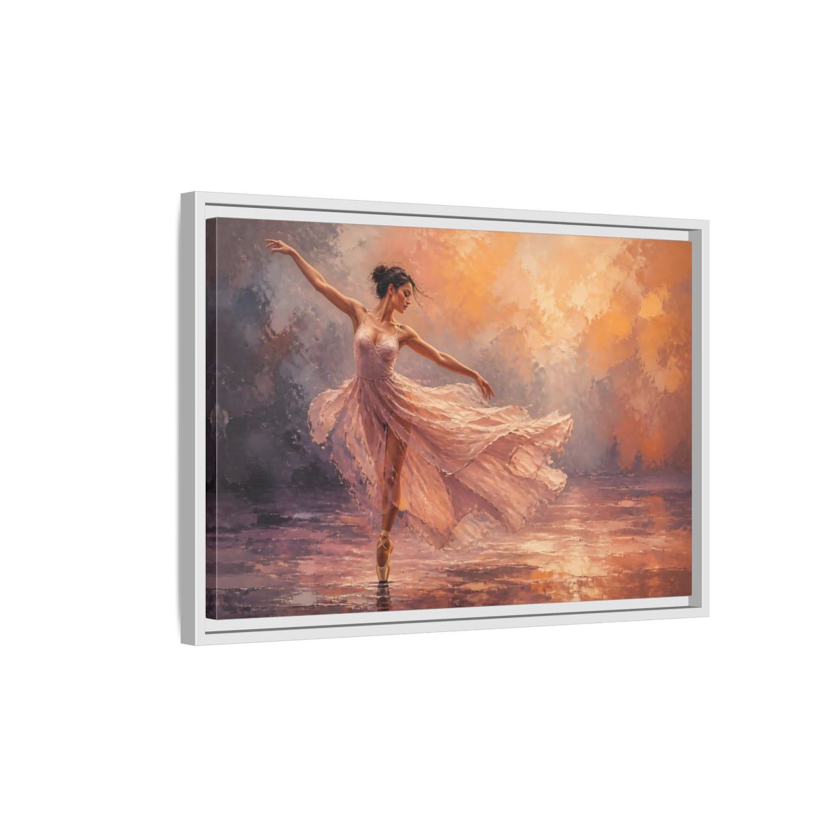 Side Mockup 1. Sports Ballerina Pink Orange Ballerina shown as framed canvas print