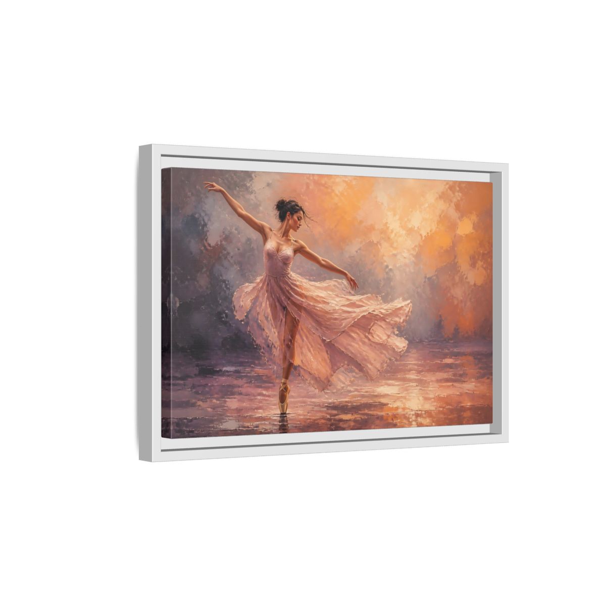 Side Mockup 4. Sports Ballerina Pink Orange Ballerina shown as framed canvas print