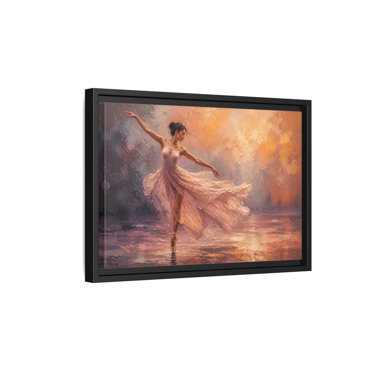 Side Mockup 6. Sports Ballerina Pink Orange Ballerina shown as framed canvas print