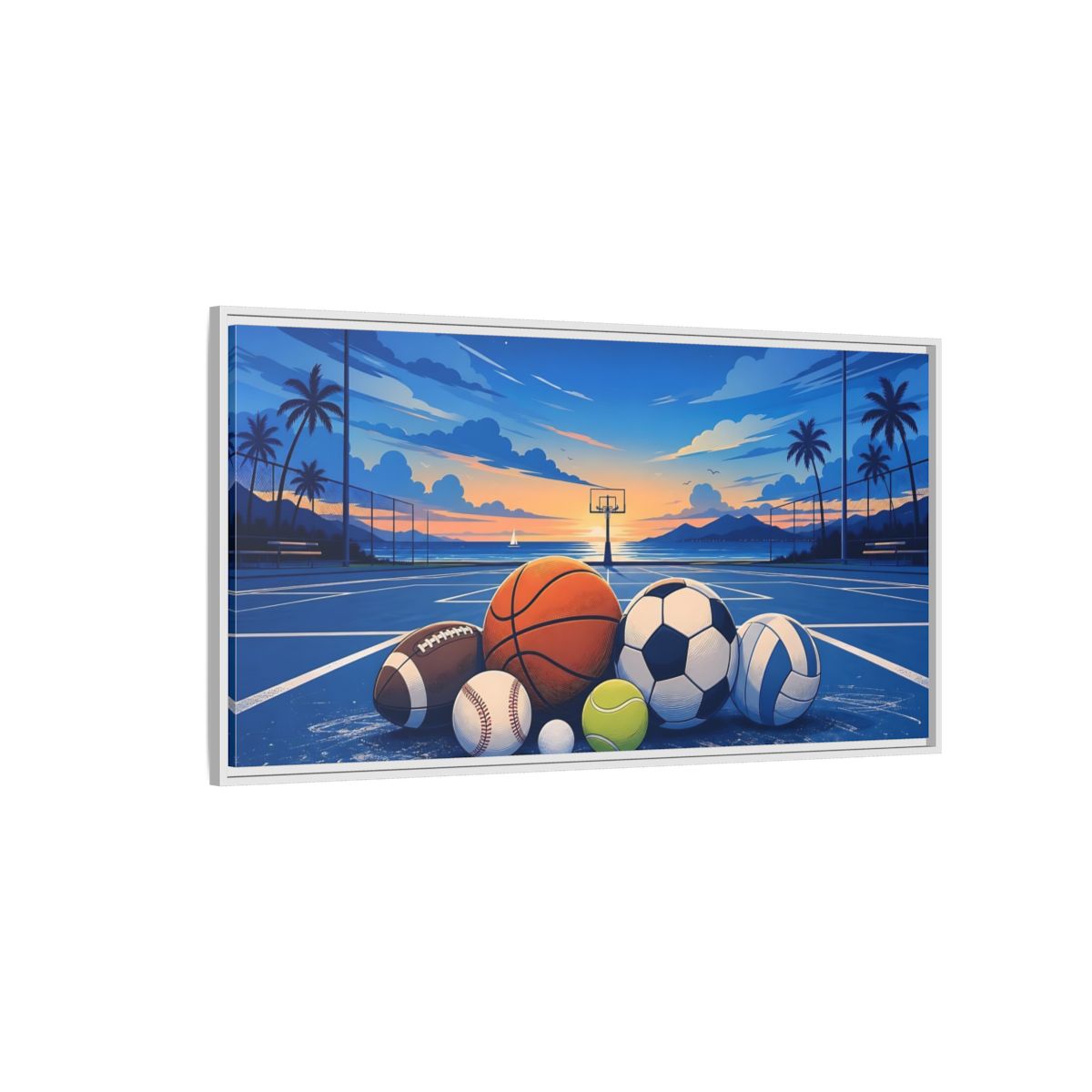 Side Mockup 3. Sports Sports Balls Blue And Orange Sports Balls shown as framed canvas print