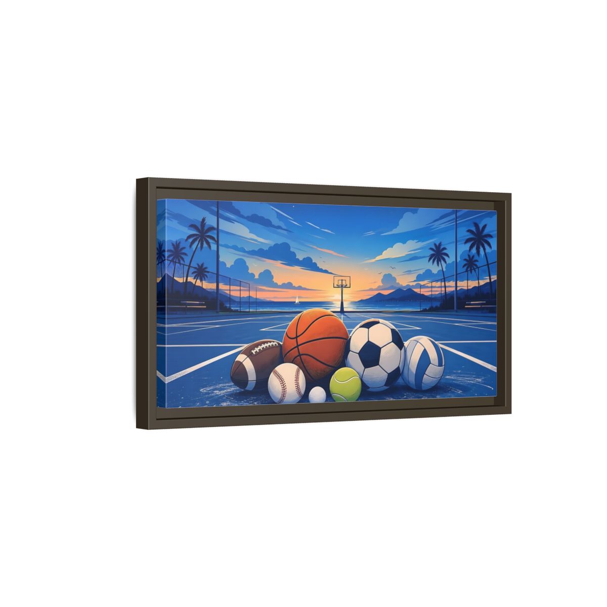 Side Mockup 7. Sports Sports Balls Blue And Orange Sports Balls shown as framed canvas print