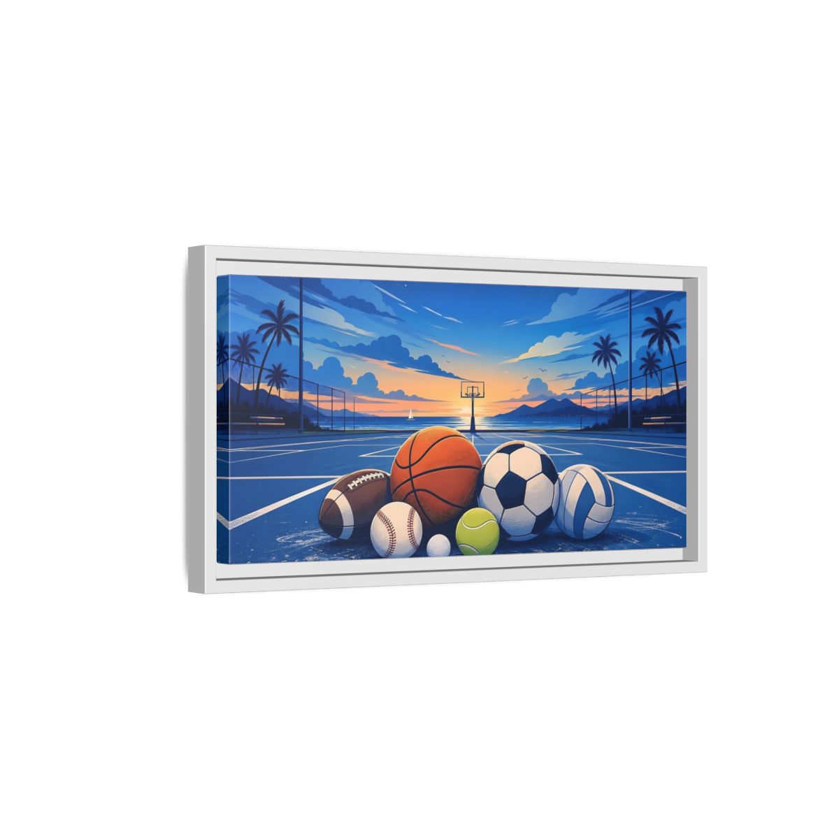 Side Mockup 6. Sports Sports Balls Blue And Orange Sports Balls shown as framed canvas print