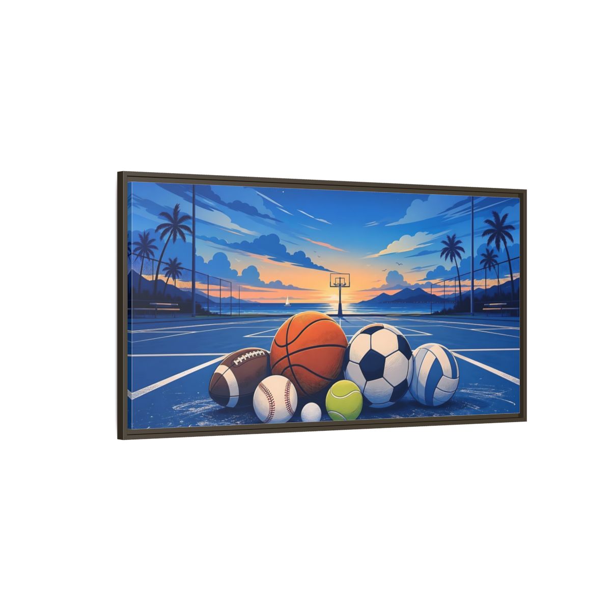 Side Mockup 4. Sports Sports Balls Blue And Orange Sports Balls shown as framed canvas print