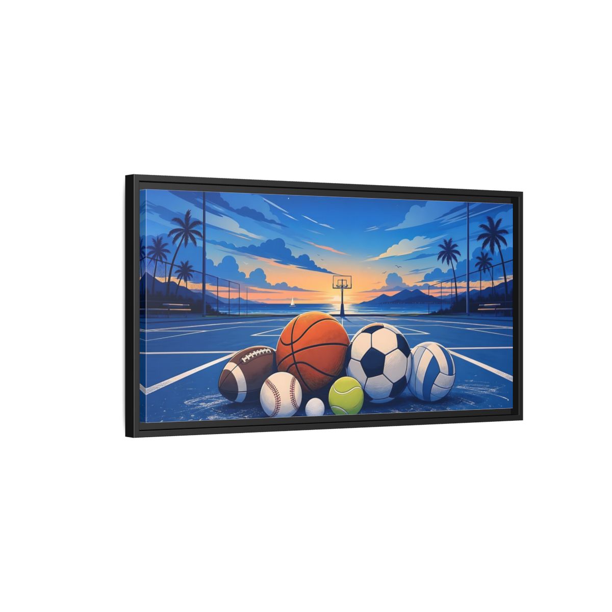Side Mockup 2. Sports Sports Balls Blue And Orange Sports Balls shown as framed canvas print