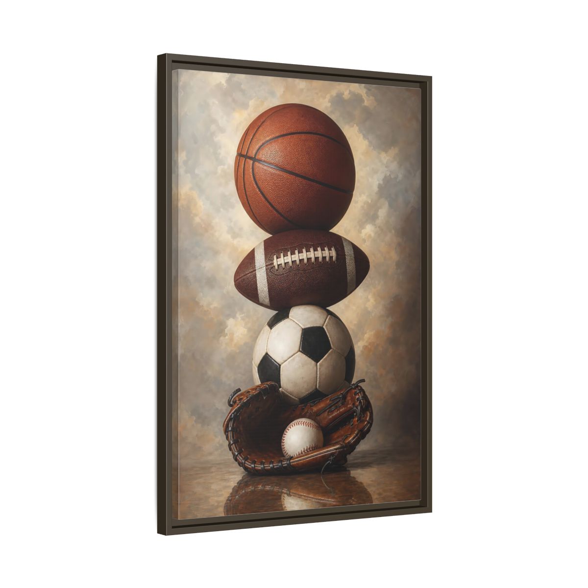 Side Mockup 11. Sports Sports Balls Brown Sports Balls shown as framed canvas print