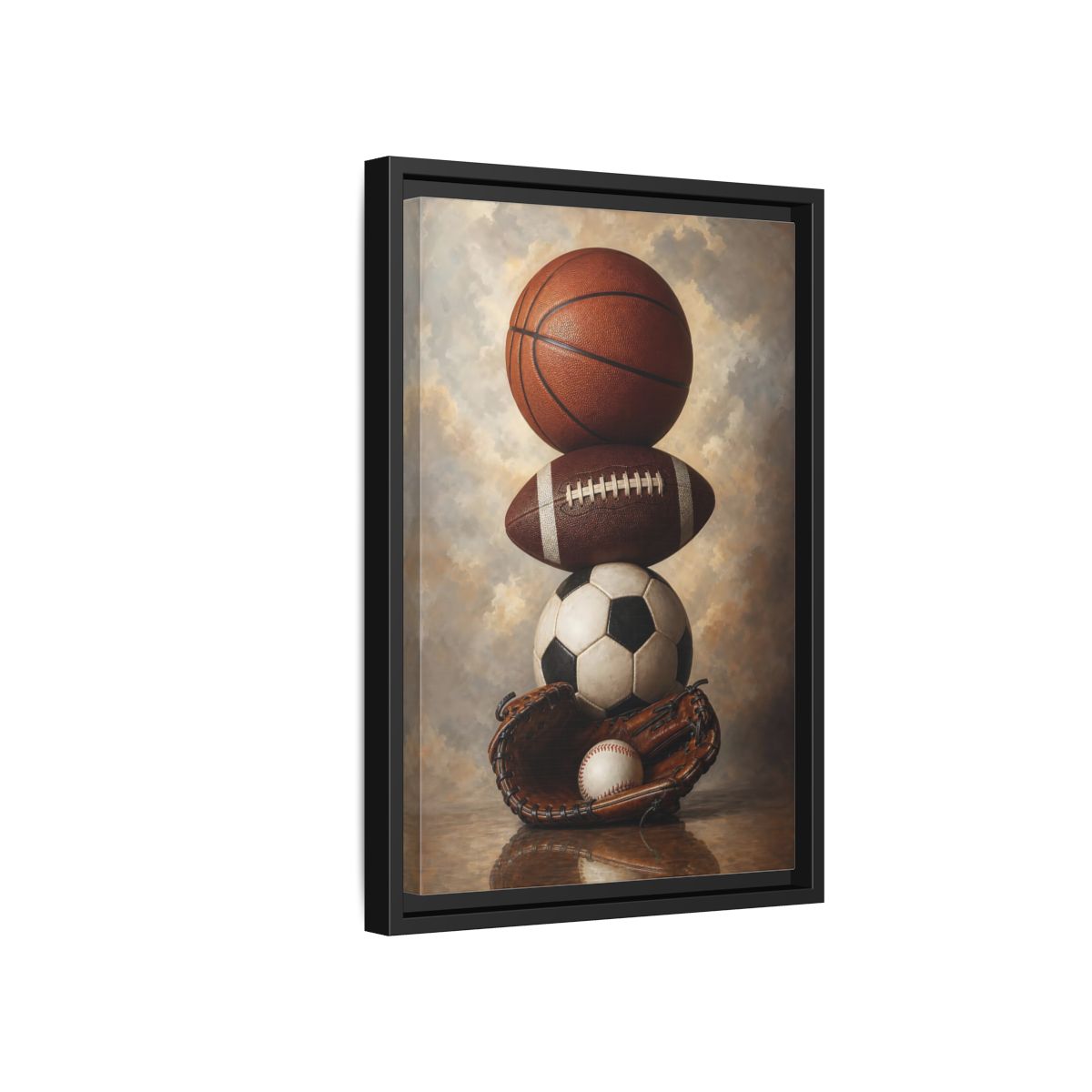 Side Mockup 6. Sports Sports Balls Brown Sports Balls shown as framed canvas print