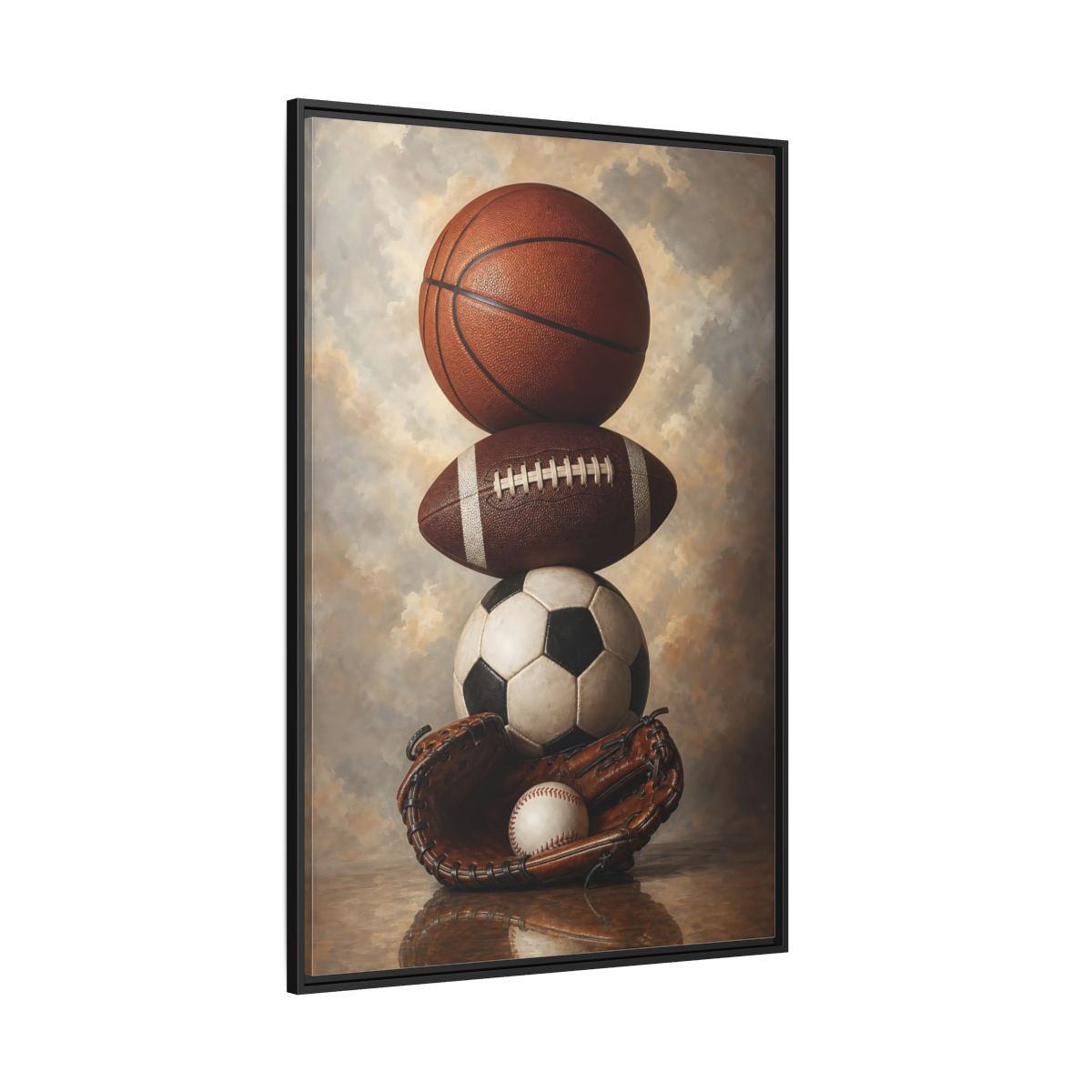 Side Mockup 12. Sports Sports Balls Brown Sports Balls shown as framed canvas print
