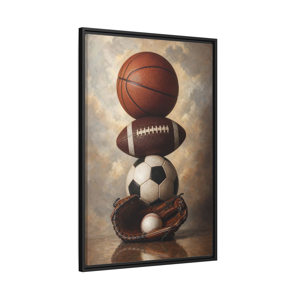 Side Mockup 13. Sports Sports Balls Brown Sports Balls shown as framed canvas print