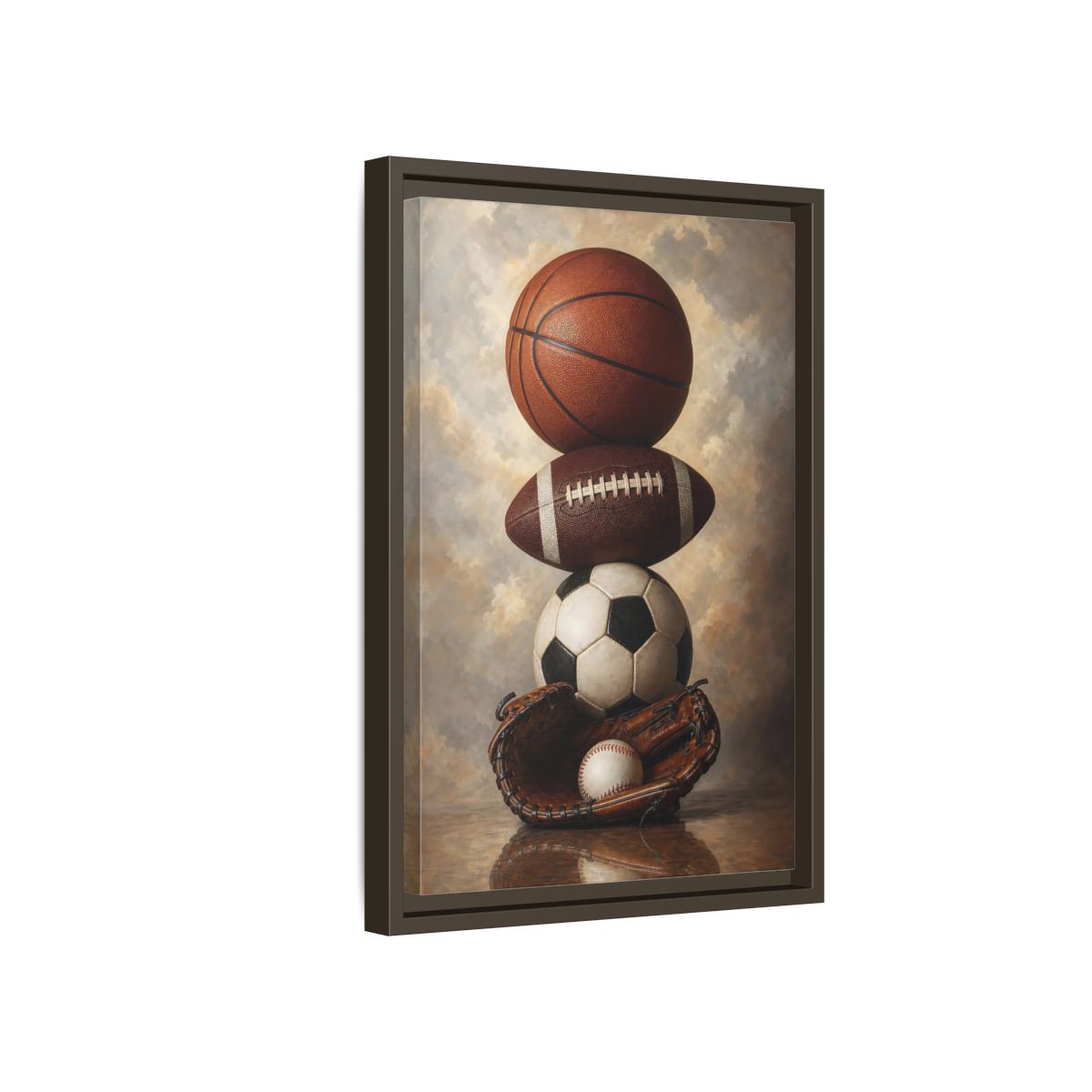 Side Mockup 5. Sports Sports Balls Brown Sports Balls shown as framed canvas print