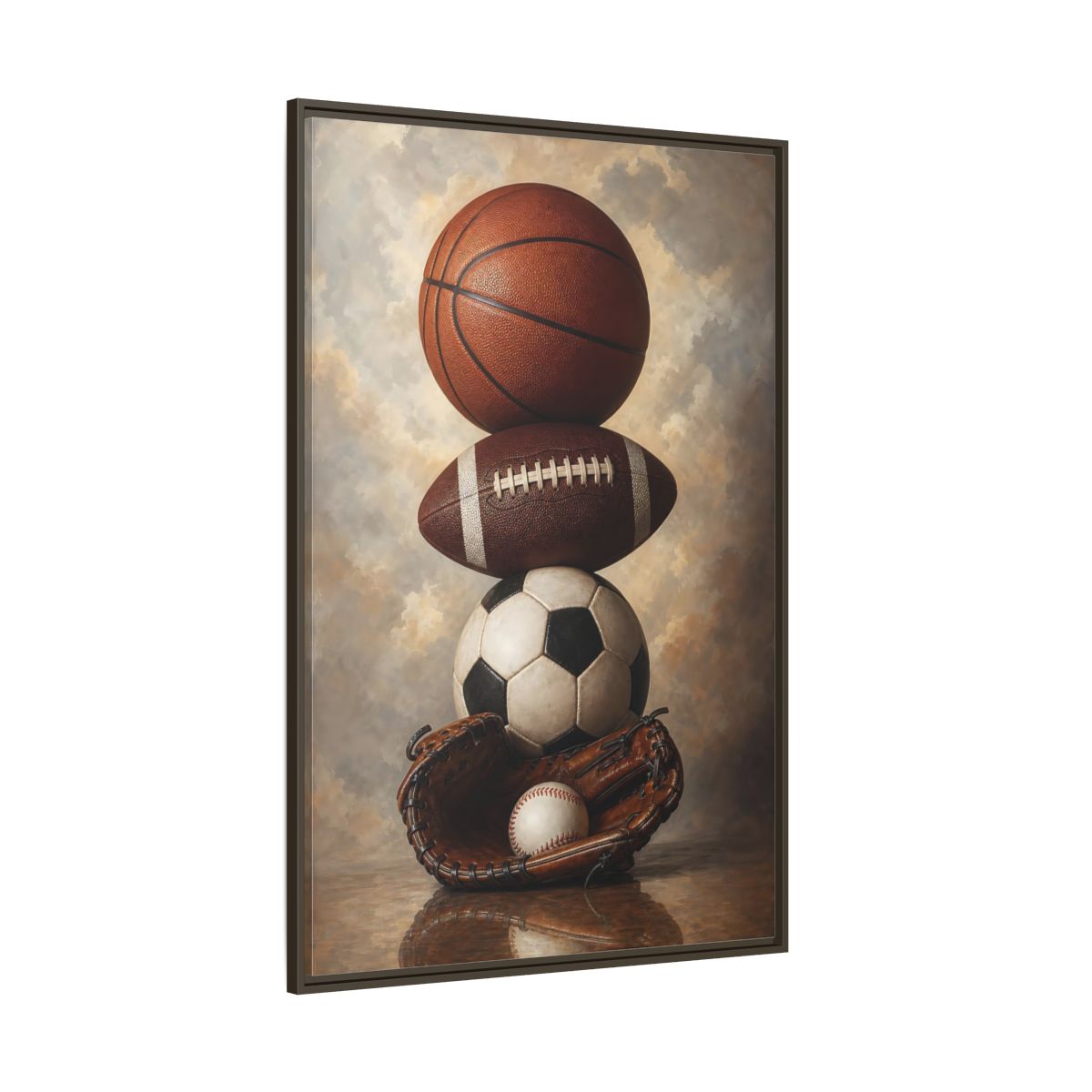 Side Mockup 8. Sports Sports Balls Brown Sports Balls shown as framed canvas print