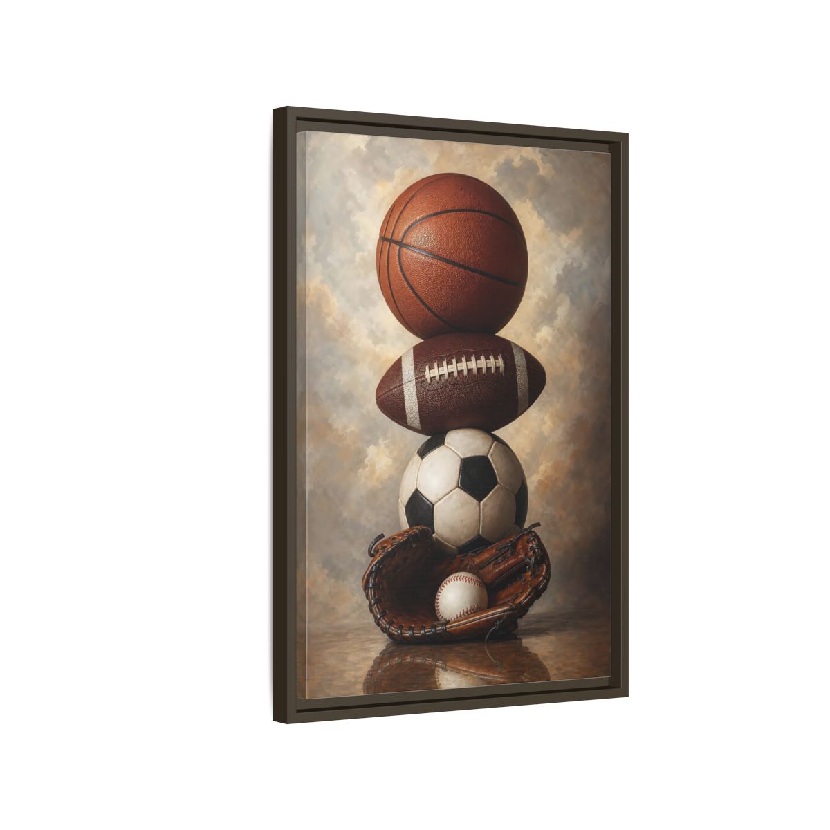 Side Mockup 2. Sports Sports Balls Brown Sports Balls shown as framed canvas print