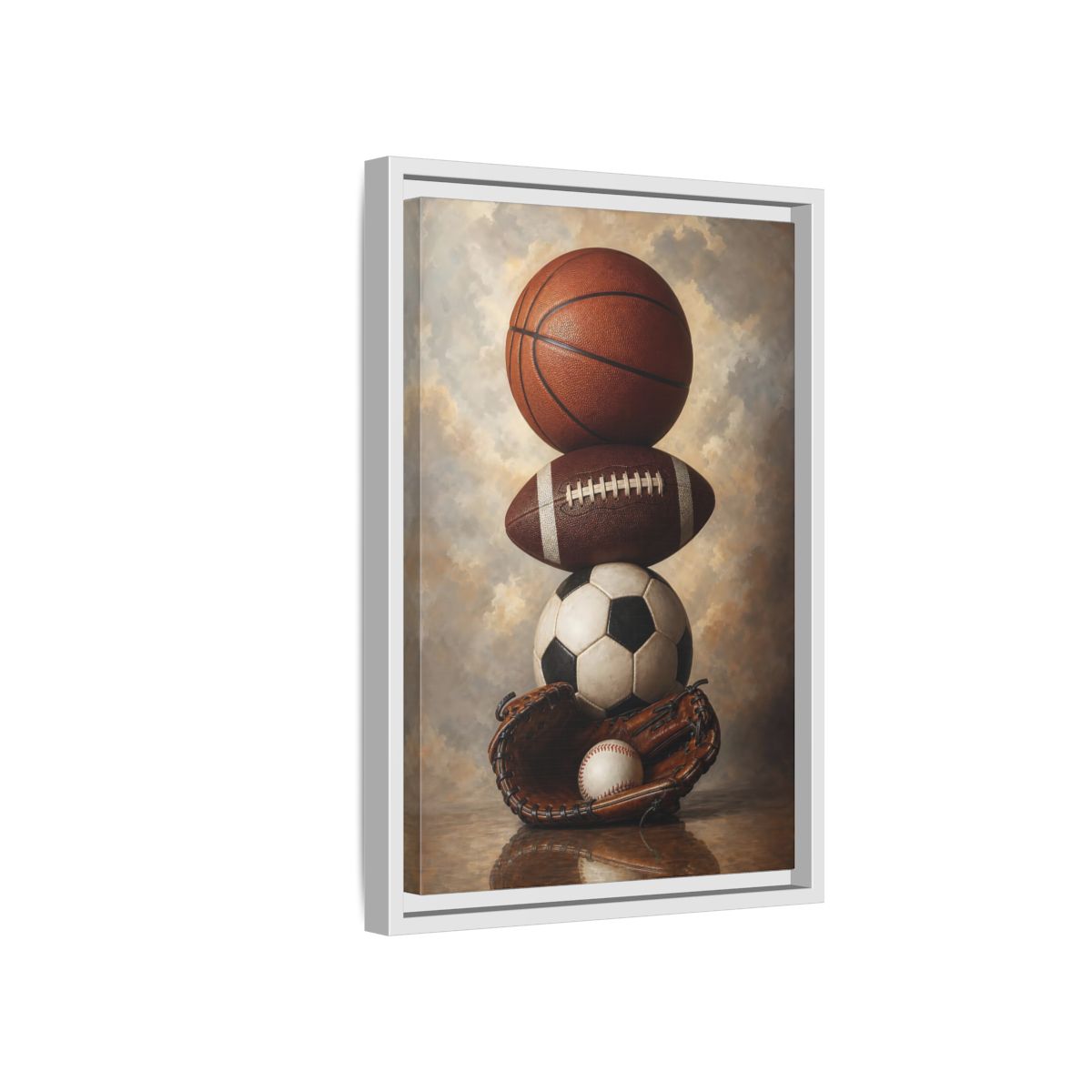 Side Mockup 4. Sports Sports Balls Brown Sports Balls shown as framed canvas print