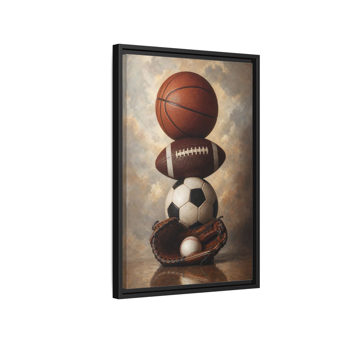 Side Mockup 3. Sports Sports Balls Brown Sports Balls shown as framed canvas print