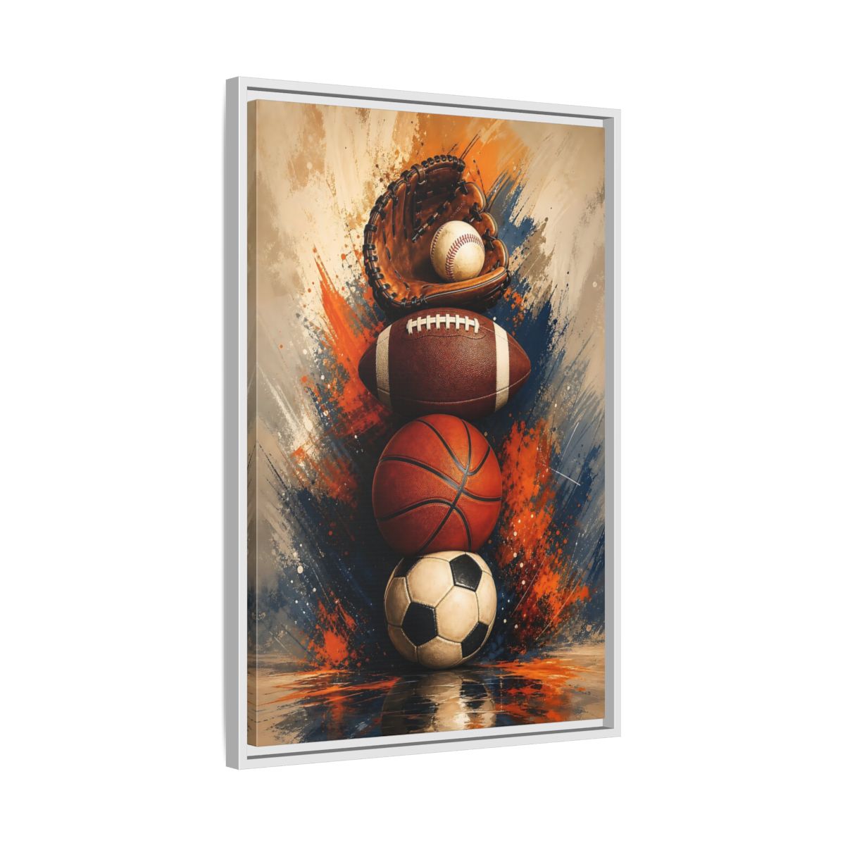 Side Mockup 10. Sports Sports Balls Orange Blue Sports shown as framed canvas print