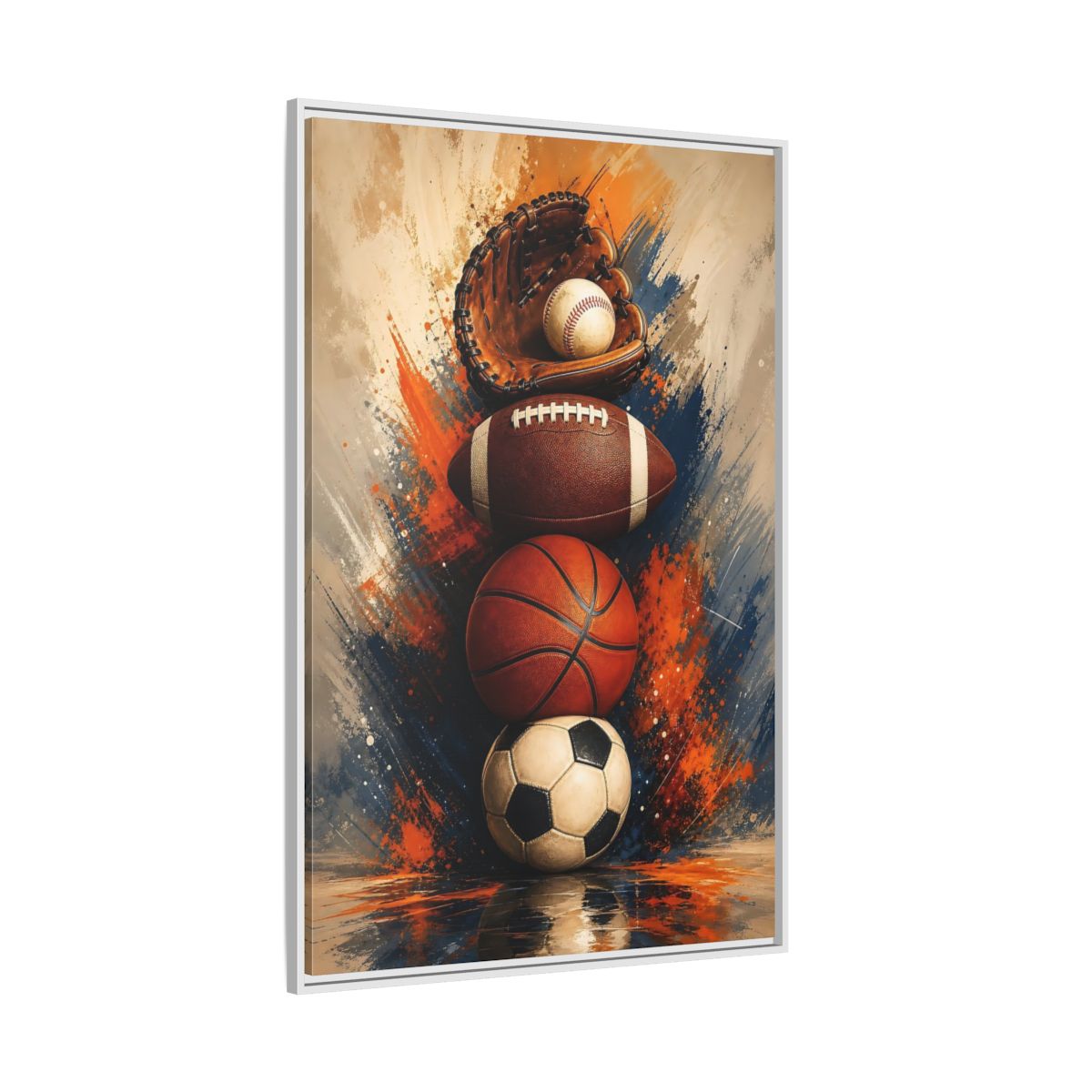 Side Mockup 7. Sports Sports Balls Orange Blue Sports shown as framed canvas print