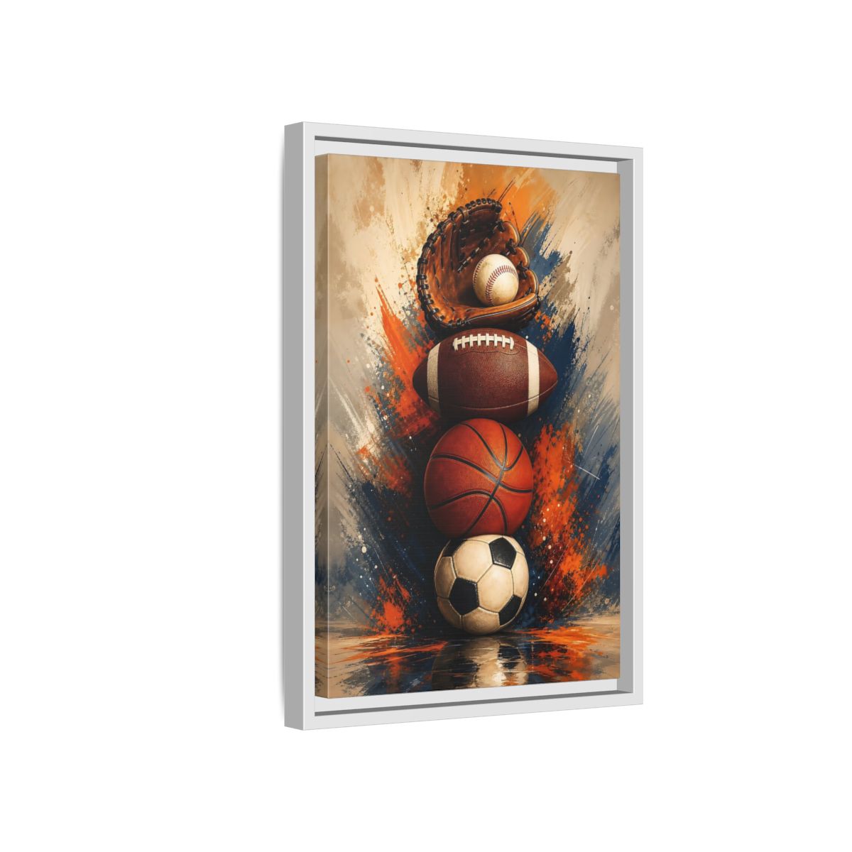 Side Mockup 4. Sports Sports Balls Orange Blue Sports shown as framed canvas print