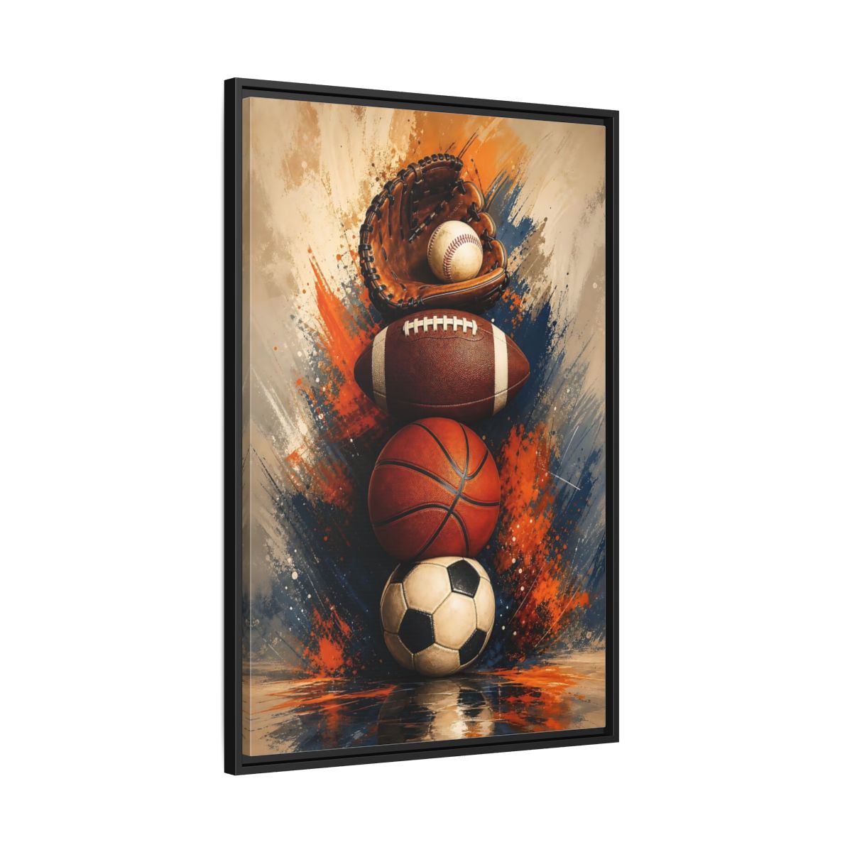 Side Mockup 13. Sports Sports Balls Orange Blue Sports shown as framed canvas print
