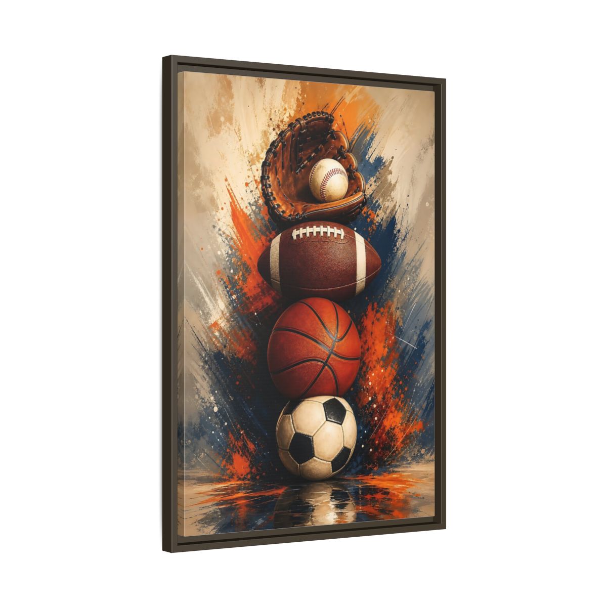 Side Mockup 11. Sports Sports Balls Orange Blue Sports shown as framed canvas print