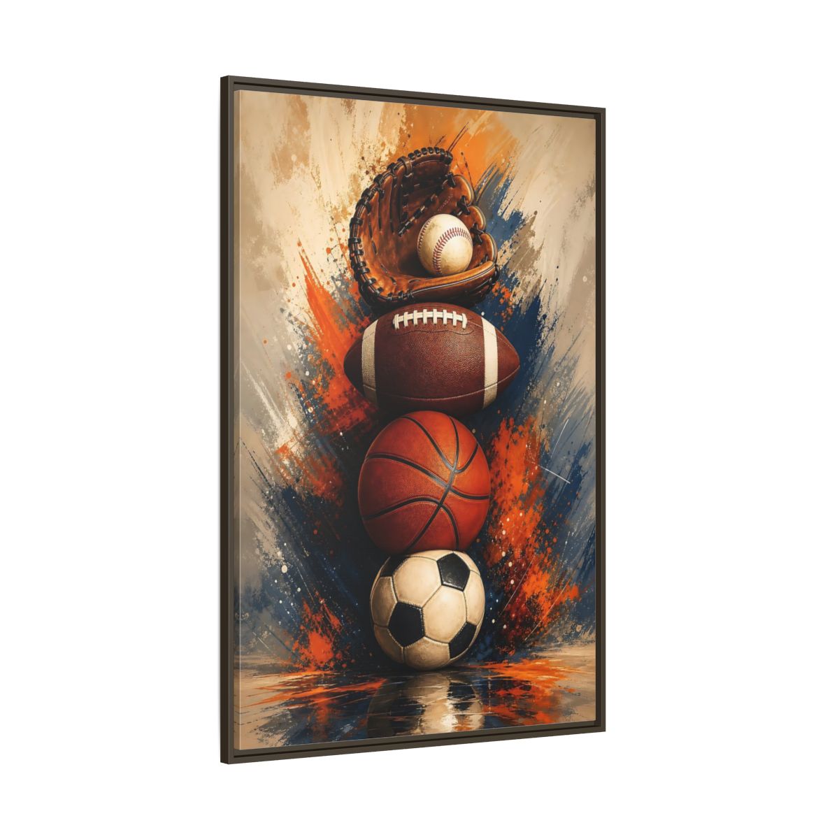 Side Mockup 8. Sports Sports Balls Orange Blue Sports shown as framed canvas print