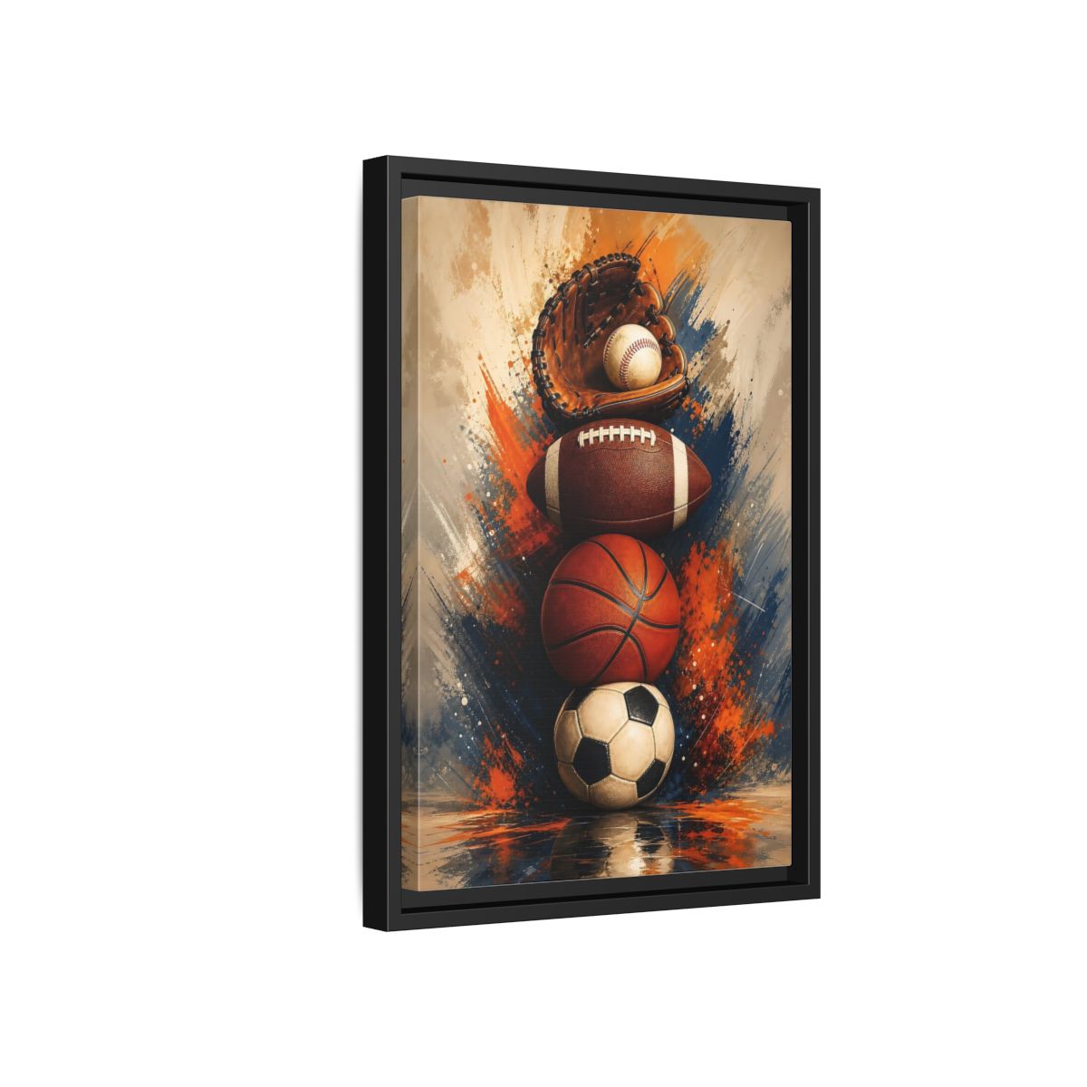 Side Mockup 6. Sports Sports Balls Orange Blue Sports shown as framed canvas print