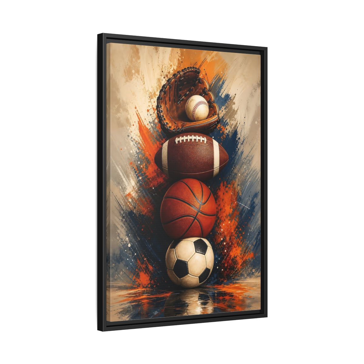Side Mockup 14. Sports Sports Balls Orange Blue Sports shown as framed canvas print