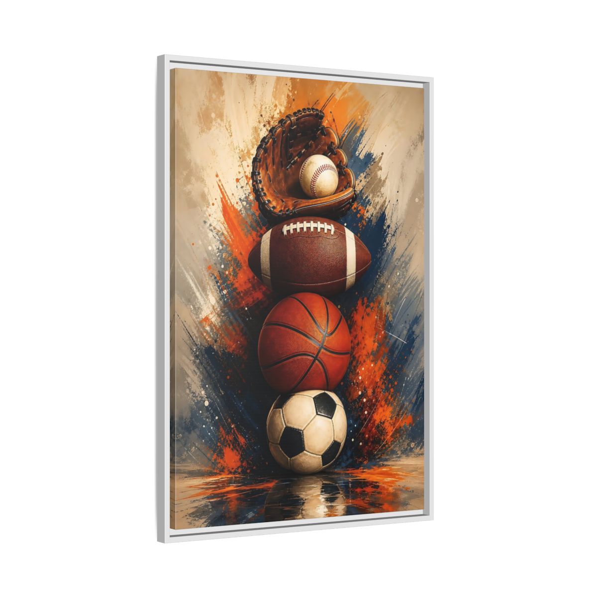 Side Mockup 9. Sports Sports Balls Orange Blue Sports shown as framed canvas print