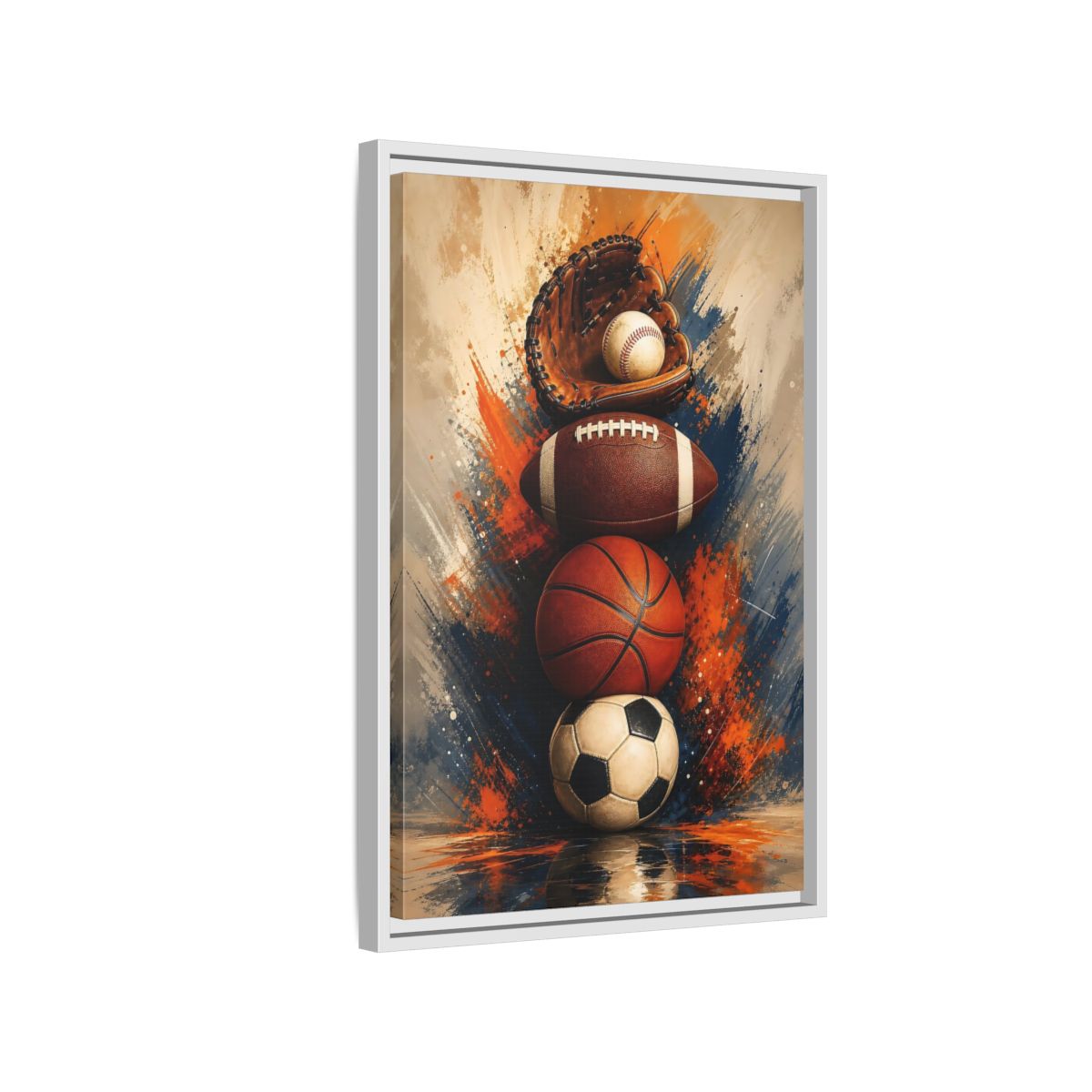 Side Mockup 1. Sports Sports Balls Orange Blue Sports shown as framed canvas print