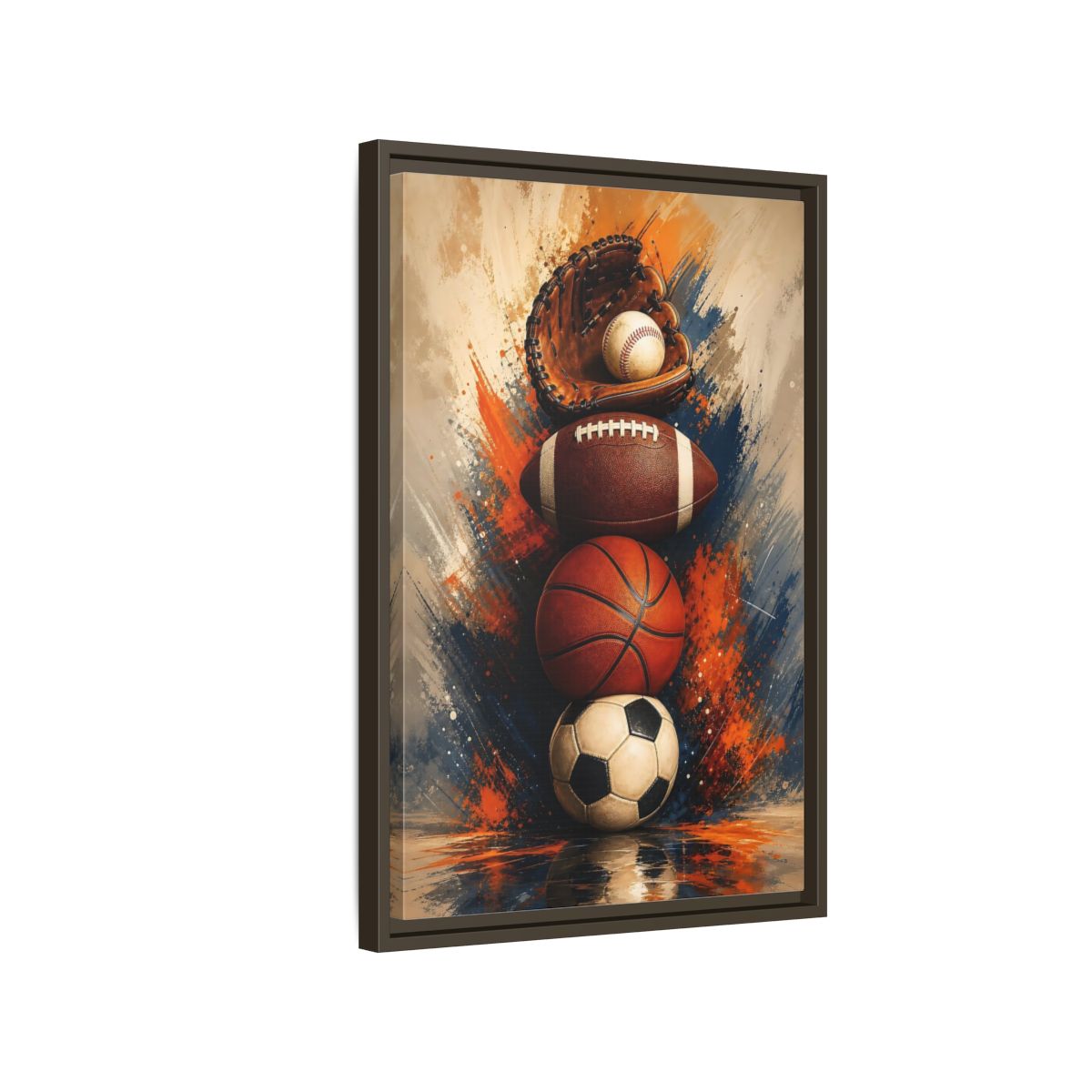 Side Mockup 2. Sports Sports Balls Orange Blue Sports shown as framed canvas print