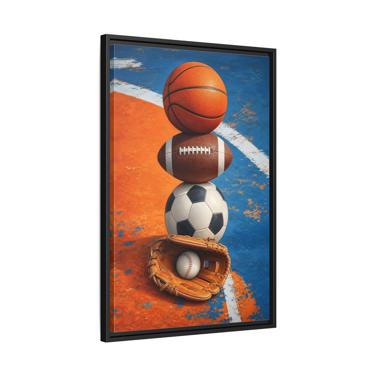 Side Mockup 14. Sports Sports Balls Orange Blue Sports shown as framed canvas print