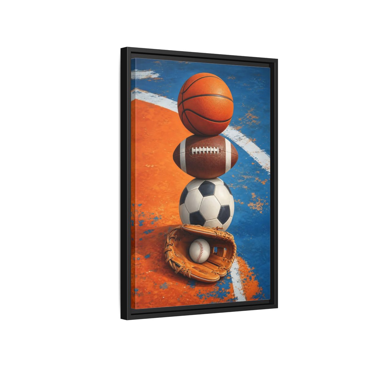 Side Mockup 3. Sports Sports Balls Orange Blue Sports shown as framed canvas print