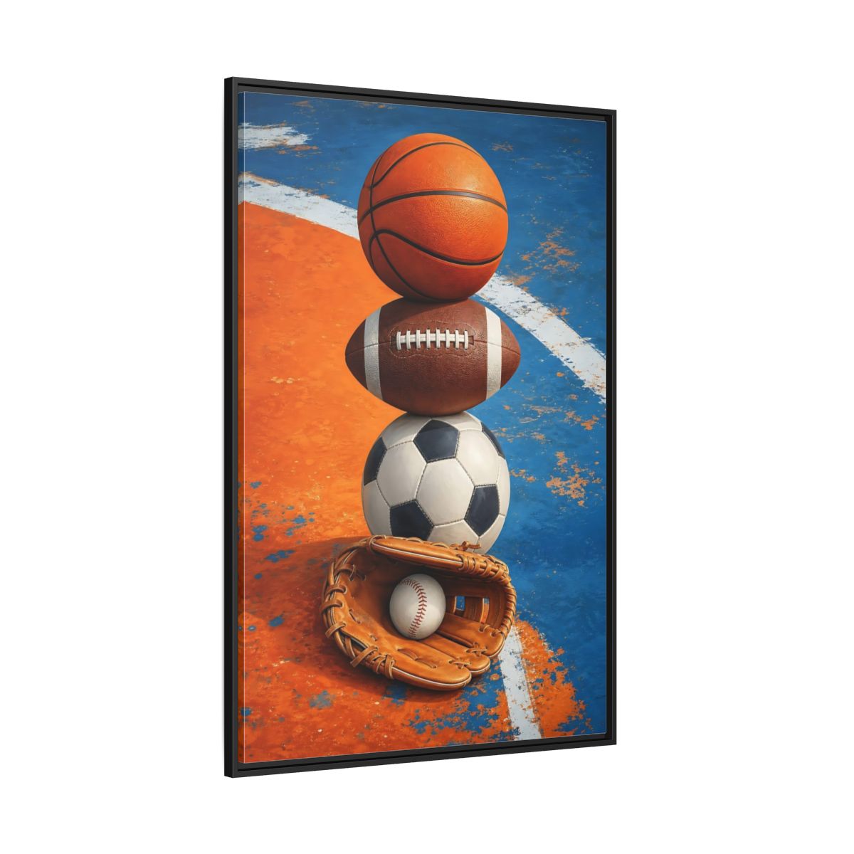 Side Mockup 12. Sports Sports Balls Orange Blue Sports shown as framed canvas print