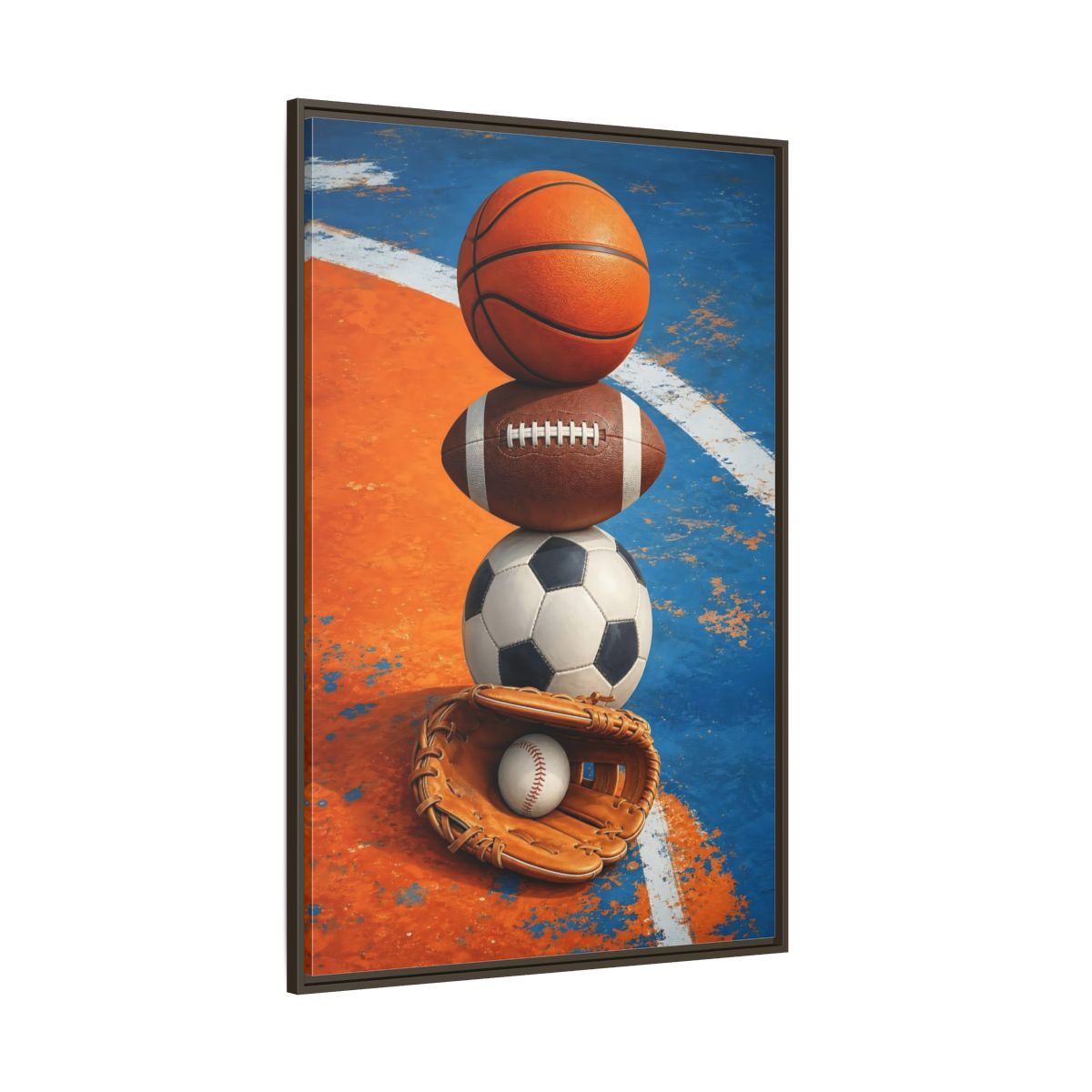 Side Mockup 8. Sports Sports Balls Orange Blue Sports shown as framed canvas print